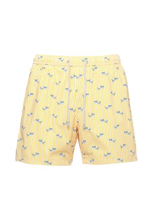Costume da bagno a pantaloncino a righe gialle e bianche con piccole stampe di squali blu e coulisse bianca in vita.