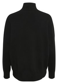 Pulover negru cu guler înalt, croit larg, confecționat dintr-un material tricotat moale. Prezintă mâneci lungi și un tiv cu nervuri. Design simplu și minimalist.