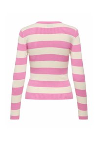 Geribbeld sweater met lange mouwen in afwisselende roze en crèmekleurige strepen. Heeft een getailleerde pasvorm en een ronde hals.