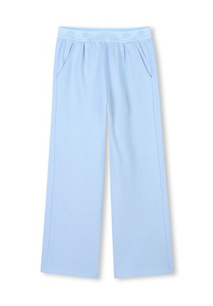 Lichtblauwe wijde broek gemaakt van zachte stof, met een tailleband met subtiele logo en twee zijzakken.