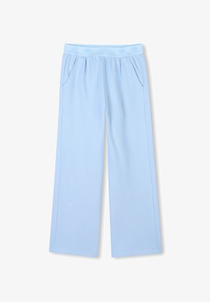 Lichtblauwe wijde broek gemaakt van zachte stof, met een tailleband met subtiele logo en twee zijzakken.