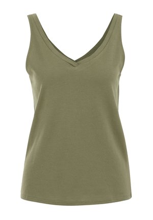 Débardeur vert olive en tissu doux, avec un décolleté en V profond et des bretelles larges, texture lisse et coupe décontractée.