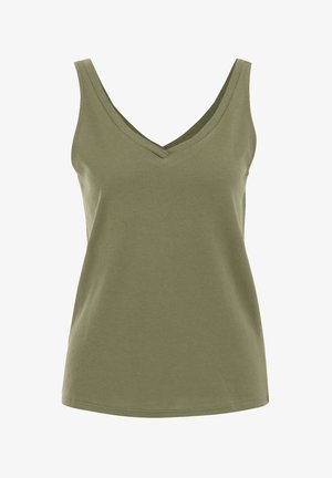 Olive green tank top made of soft fabric, featuring a deep V-neckline and wide straps, smooth texture, and a relaxed fit.