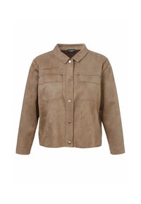 Braune Wildlederjacke mit Kragen, zwei Fronttaschen und Druckknopfverschluss. Verfügt über lange Ärmel und eine lockere Passform.