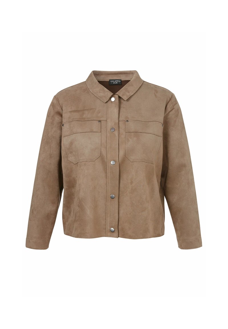 Braune Wildlederjacke mit Kragen, zwei Fronttaschen und Druckknopfverschluss. Verfügt über lange Ärmel und eine lockere Passform.