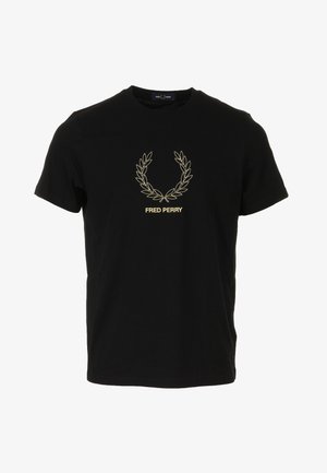 Zwart katoenen T-shirt met een gouden geborduurd lauwerkransontwerp en de tekst "FRED PERRY" eronder. Met korte mouwen en een ronde hals.