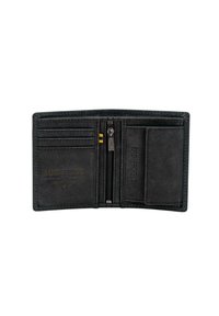 Cartera de cuero negro con múltiples ranuras para tarjetas, un compartimento para monedas con cremallera y texto en relieve que dice "RFID PROTECT". Textura suave y costuras detalladas.