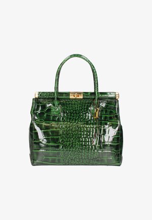 Groene patenten leren handtas met krokodillenstructuur, gouden hardware, dubbele handvatten en een veilige sluiting.