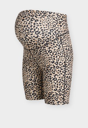 Pantaloni scurți de maternitate tip biker cu imprimeu leopard, având o talie înaltă și elastică, concepuți pentru a se potrivi unui abdomen gravid.