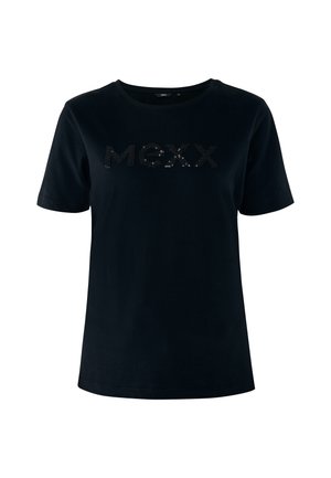 Schwarzes Baumwoll-T-Shirt mit kurzen Ärmeln und rundem Halsausschnitt, mit einem Pailletten-Logo "MEXX" auf der Brust. Glatte Textur, lässige Passform.