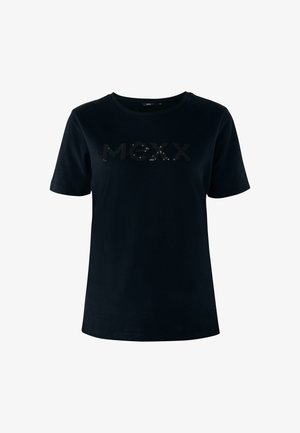 Zwarte katoenen t-shirt met korte mouwen en ronde hals, met een pailletten "MEXX" logo op de borst. Soepele textuur, casual pasvorm.