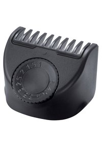 Sort plastik hårklipper vedhæftning med en cirkulær justeringsknap og flere tænder, der stikker ud fra toppen til indstillinger af hårlængde.