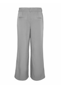 Gray wide-leg trousers with a textured fabric, featuring vertical stripes, an elastic waistband, and two back pockets.
