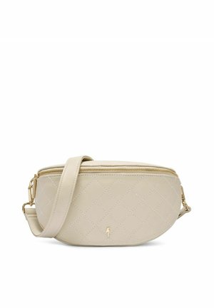 Beżowa pikowana skórzana nerka z złotym zamkiem błyskawicznym i regulowanym paskiem, o półkolistym kształcie z małym złotym logo z przodu.