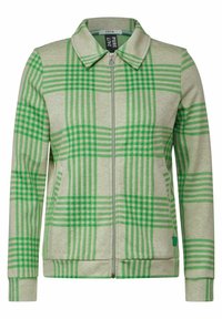 Chaqueta de cuadros verde y crema con cremallera y cuello, que presenta patrones de cuadros contrastantes, mangas largas y dos bolsillos laterales.
