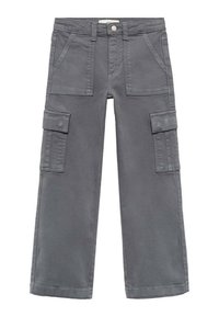 Grau Cargo-Hosen aus Baumwollmischung, mit geradem Schnitt, zwei vorderen Taschen und zwei seitlichen Cargo-Taschen mit Klappenverschluss.