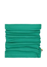 Sciarpa tubolare multifunzionale verde realizzata in tessuto testurizzato, con un design arricciato e un piccolo etichetta multicolore sul lato.