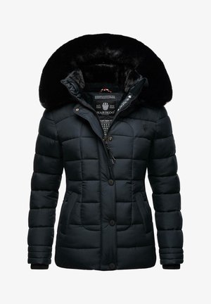 Giacca a vento nera con ampia cappuccio in pelliccia sintetica, design trapuntato, chiusura con bottoni frontali, due tasche laterali e polsini a costine. Isolata per il calore.