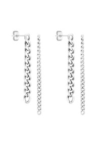 Sølvfarvede kædeøreringe, der har tre langstrakte, sammankoblede segmenter med en glat overflade og stud-lukning. Geometrisk design med varierende længder.