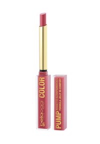 Bastoncino di lucidalabbra rosa con applicatore cilindrico dorato e base quadrata trasparente etichettata "bellàoggi COLOR" e "PUMP rosetto ultrapigmentato."