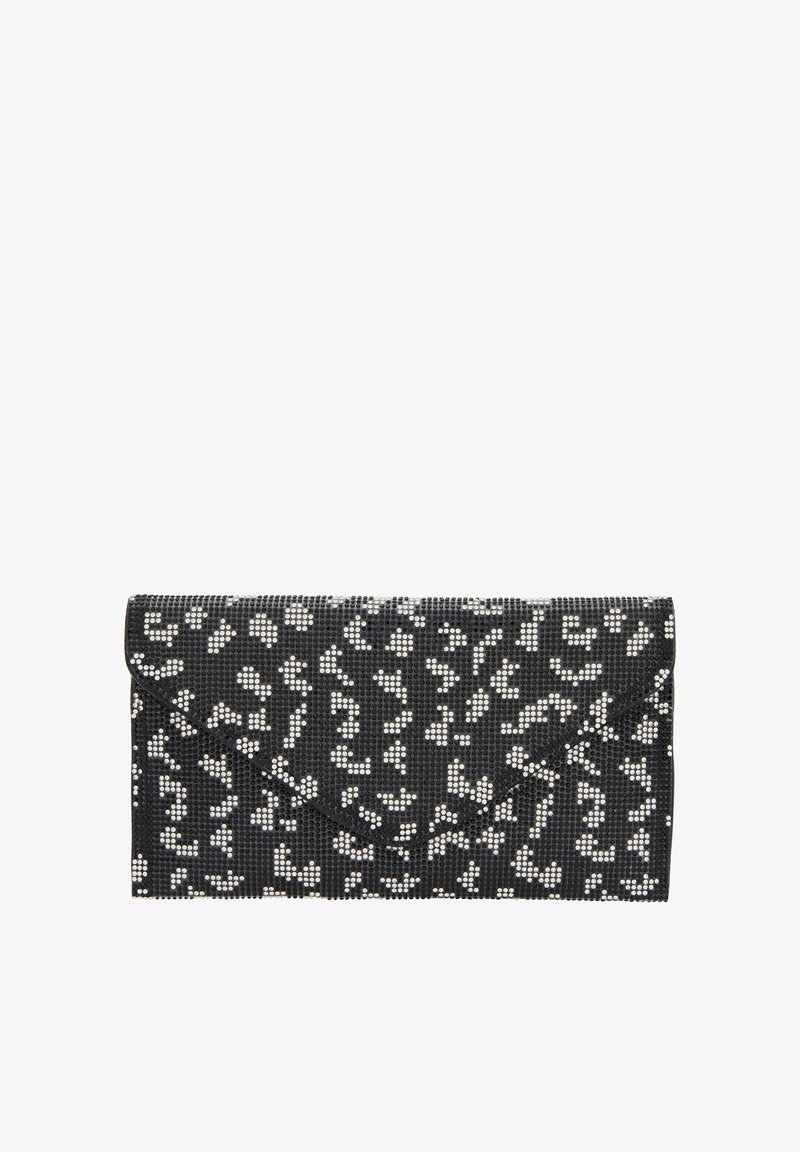 Fekete retikül, mintás dizájnnal, fehér és ezüst részletekkel, texturált felülettel és klasszikus boríték formával.