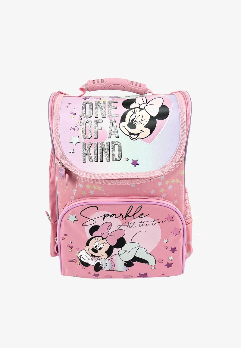 Pink backpack featuring Minnie Mouse graphics, glittery text, star patterns, and a front pocket. The design includes a handle and zipper closures.