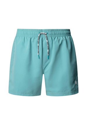 Hellblaue Herren-Badeshorts mit elastischem Bund und weißem Kordelzug mit der Aufschrift "Pepe Jeans", kleines Logo am Saum des rechten Beins.
