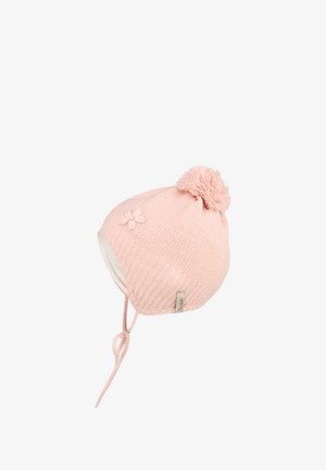 Pink knitted baby hat with pom-pom, earflaps, tie strings, and a small flower detail on the side.