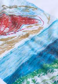 Bawełniana tkanina o fakturowanej powierzchni zdobią żywe, abstrakcyjne wzory w kolorach czerwonym, złotym, niebieskim i zielonym, przedstawiające elementy natury.