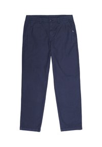 Pantalon bleu marine en coton, avec fermeture par bouton, poches avant, et coupe droite avec des détails de couture minimalistes.