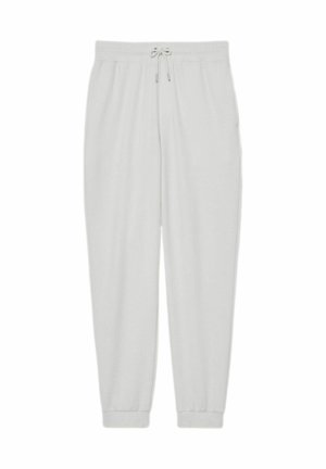 Hellgraue Sweatpants mit elastischem Bund, Kordelzug, Seitentaschen und Bündchen an den Knöcheln, flach auf weißem Hintergrund dargestellt.
