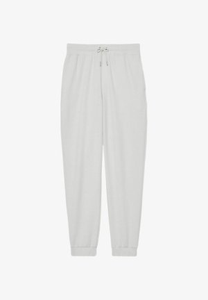 Hellgraue Sweatpants mit elastischem Bund, Kordelzug, Seitentaschen und Bündchen an den Knöcheln, flach auf weißem Hintergrund dargestellt.