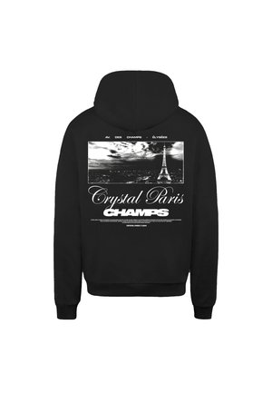 Black hoodie featuring a graphic print of the Eiffel Tower and text, "Crystal Paris CHAMPS," on the back. Soft, cotton material.