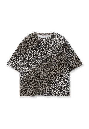 T-shirt à manches courtes imprimé léopard en beige et noir. Tissu doux avec une coupe décontractée, doté d'un col rond et d'épaules tombantes.