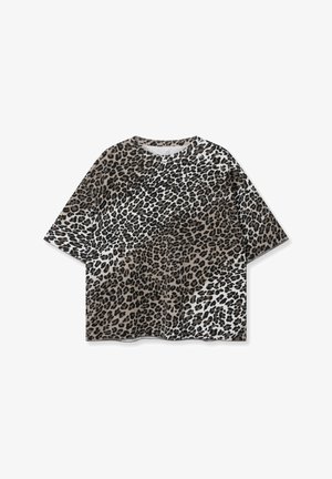 T-shirt met korte mouwen en luipaardprint in beige en zwart. Zachte stof met een losse pasvorm, voorzien van een ronde halslijn en ingezakte schouders.