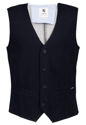 Gilet nero senza maniche con bottoni, scollo a V, due tasche anteriori e etichetta interna a righe con la scritta "Garcia".