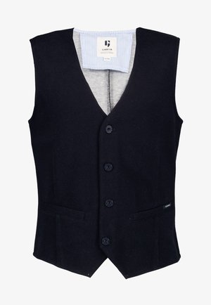 Czarna bezrękawnikowa kamizelka zapinana na guziki, z dekoltem w kształcie litery V, dwoma przednimi kieszeniami oraz paskowanym, wewnętrznym kołnierzem z metką "Garcia".