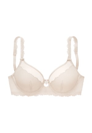 Cream-colored lace bra with underwire cups, adjustable scalloped lace straps, and a small central bow with charm.