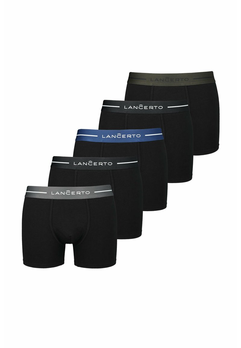Pięć par czarnych bokserek z różnokolorowymi gumkami w pasie, z logo marki "LANČERTO" w kontrastowym kolorze. Miękka faktura materiału.