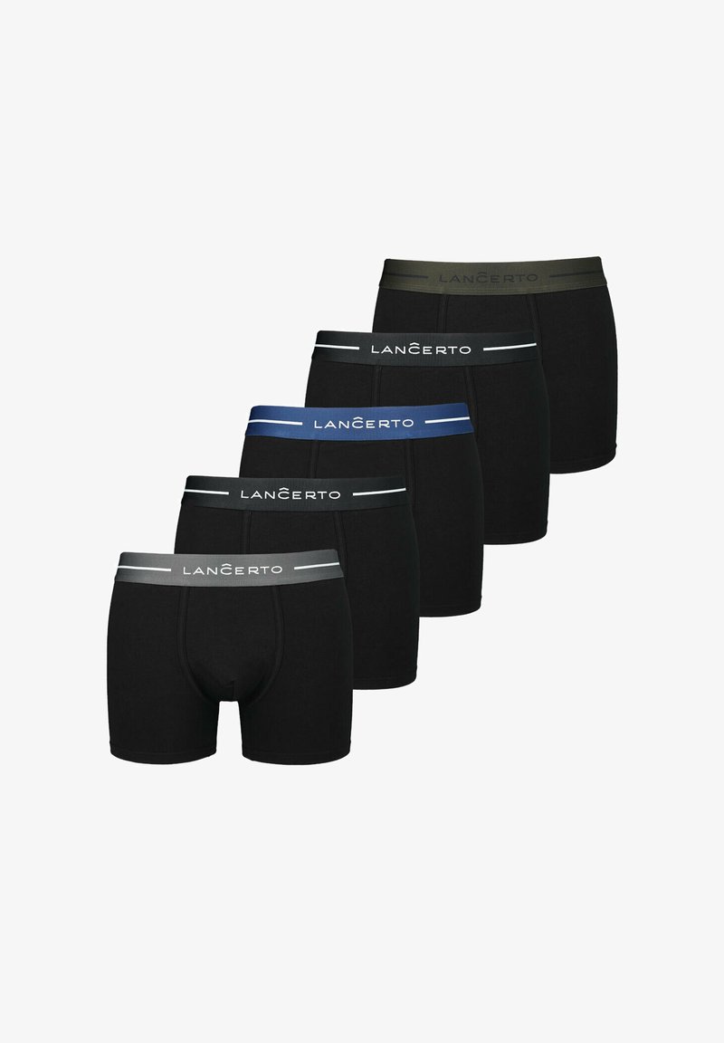 Pięć par czarnych bokserek z różnokolorowymi gumkami w pasie, z logo marki "LANČERTO" w kontrastowym kolorze. Miękka faktura materiału.