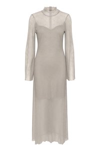 Long-sleeve dress in light beige lace with a high neck and ruffled trim, featuring a fitted bodice and flowing, sheer skirt.