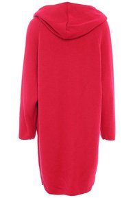 Czerwony kardigan z kapturem, wykonany z dzianiny. Posiada długie rękawy i luźny krój. Gładka tekstura w jednolitym kolorze.