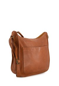 Brown leather crossbody bag with a smooth texture, a wide shape, an external pocket, and an adjustable strap featuring metal hardware.