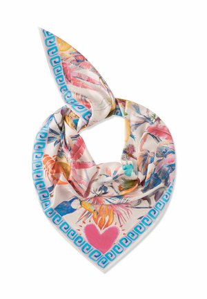 Foulard en soie avec motifs d'oiseaux tropicaux, floraux et de crabes, encadré par une bordure bleue à motif grec et un design central en forme de cœur rose.