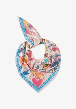 Zijden sjaal met tropische vogel-, bloemen- en krabmotieven, omlijst door een blauwe Griekse sleutelrand en een centraal roze hartdesign.