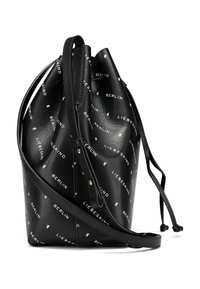 Borsa a secchiello nera in pelle liscia con motivo testuale bianco "Berlin" e "Liebeskind", dotata di chiusura a cordoncino e tracolla regolabile.
