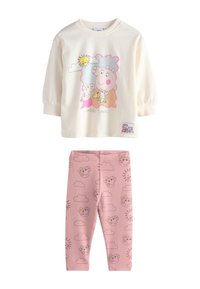 Comfortable two-piece set featuring a cream long-sleeve top with cartoon print and long pink leggings with cloud and character patterns.