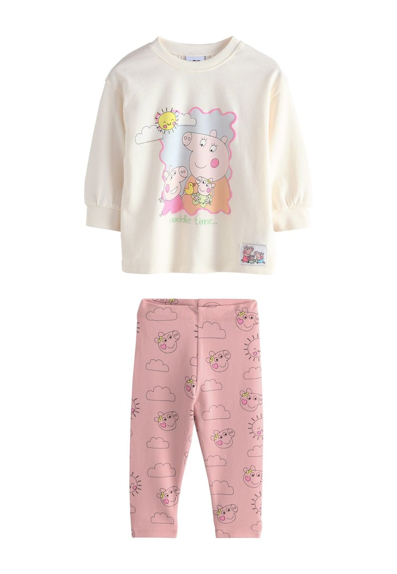 Comfortable two-piece set featuring a cream long-sleeve top with cartoon print and long pink leggings with cloud and character patterns.