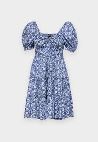 Μπλε φλοράλ φόρεμα με φουσκωτά μανίκια, τετράγωνη λαιμόκοψη, πιασμένη στήθους και σχέδιο με σκέλη. Το ύφασμα έχει λεία υφή με ελαφρύ μοτίβο.