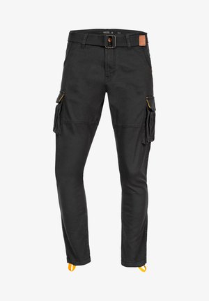 Pantalons cargo noirs en tissu résistant, dotés de plusieurs poches latérales, d'une taille ceinturée et d'accents orange sur les poches.